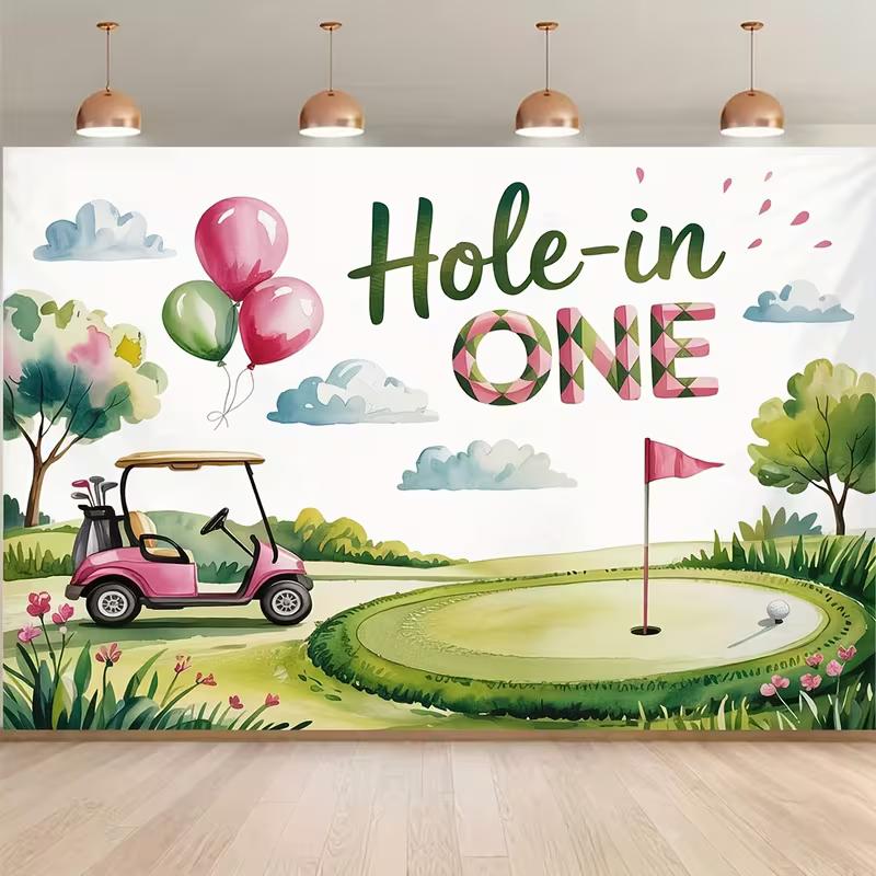 

2D Pink Golf Themed Hole-in-One Backdrop for Birthday Party Photo Booth 47.2x31.5inch/120*80cm