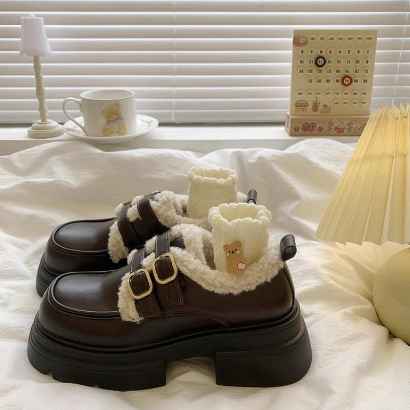 England Style Women's Large Size Padded Thickened Winter Warm Fur One Snow Boots Padded Lining Ankle Boots Non-slip Hiking Sports Cotton Boots