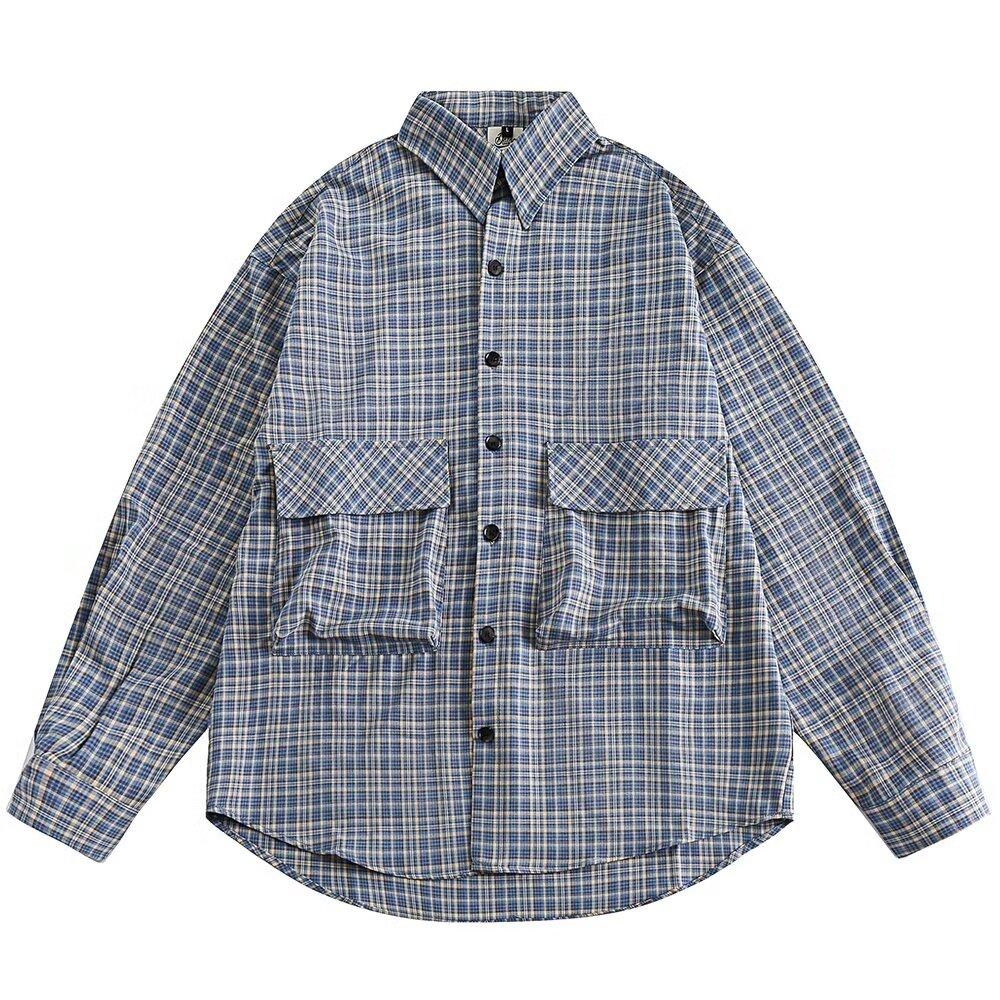 Japanese-Style Retro Large Pocket Plaid Long-Sleeved Shirt Men and Women Vintage Multi-Pocket Couple Contrast Color Shirt Coat