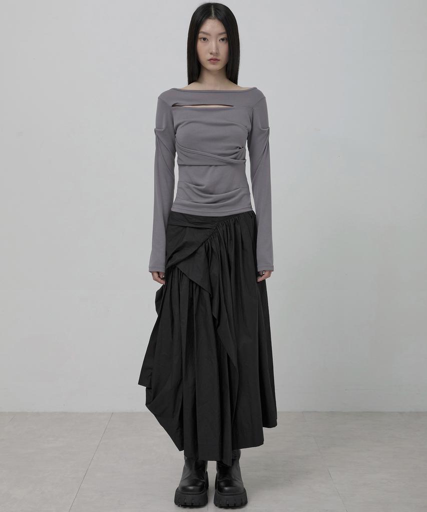 Peulleeoeob Asymmetrical Draped Long Sleeve (Fl-195_Gray)