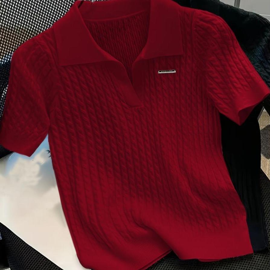 

Temperament Lapel Ice Silk Knit Top Летняя свободная тонкая футболка с короткими рукавами one size красный