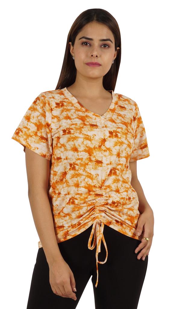 Moomaya Tie Dye Short Sleeve Ruching Tops For Women V-Neck Casual Jersey Tee