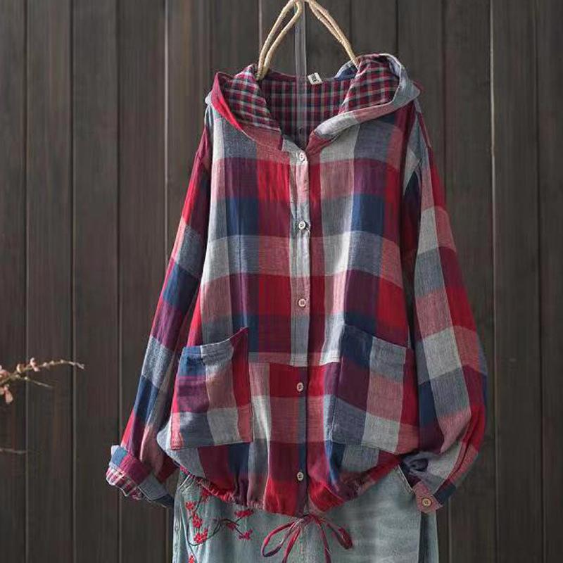 Camicette di grandi dimensioni per le donne Autunno Primavera Con cappuccio Manica lunga Monopetto Camicie a quadri Oversize Top Felpe con cappuccio da donna