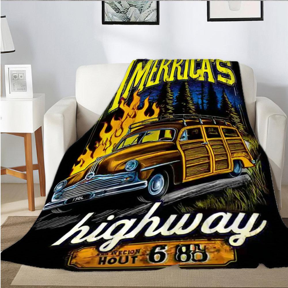 Retro Route 66 Design Flannel printed blanket suitable for all seasons suitable for living room office sofa and travel 180x250CM