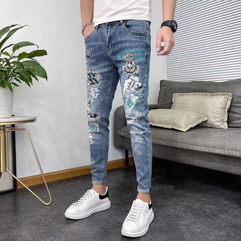 Men's Korean-Style Slim Stretch Jeans with Bear Print - Trendy European Fashion Skinny Pants for Spring and Summer