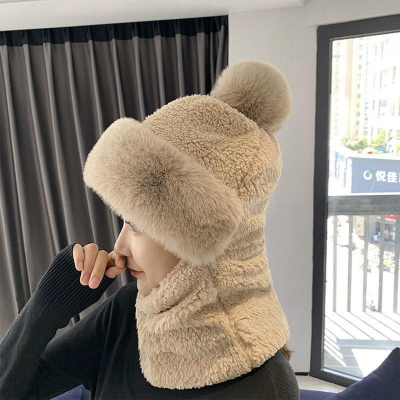 Hat Soft Winter Outdoor Knit Hat Women Wool Knitted Hat Ski Hat Sets Plush Fleece Windproof Thick Scarf Collar Warm Pullovers Masked Hats