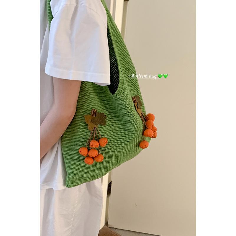 Niche Fashion Wool Knitted Bag Women's  New Literary Cherry Tote Bag Large-capacity Woven Shoulder Bag