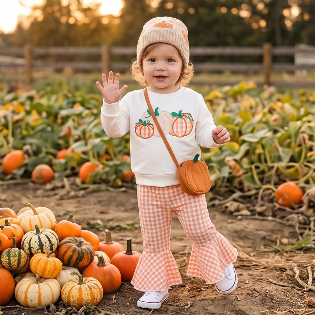 Baby Mädchen Halloween Kürbis Stickerei Pullover Rundhals Langarm Sweatshirt mit Elastischer Taille Schlaghosen Set