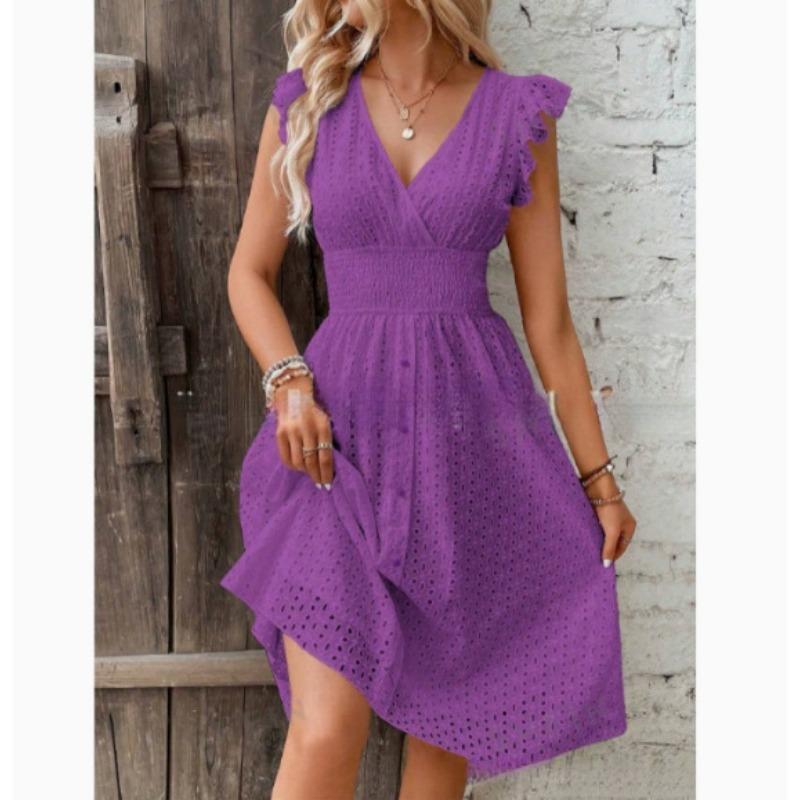Fashion White Hollow Lace Midi Dresses Women Summer V Neck Ruffle Sleeve Dress Elegant Office Lady Casual Beach Holiday Sundres