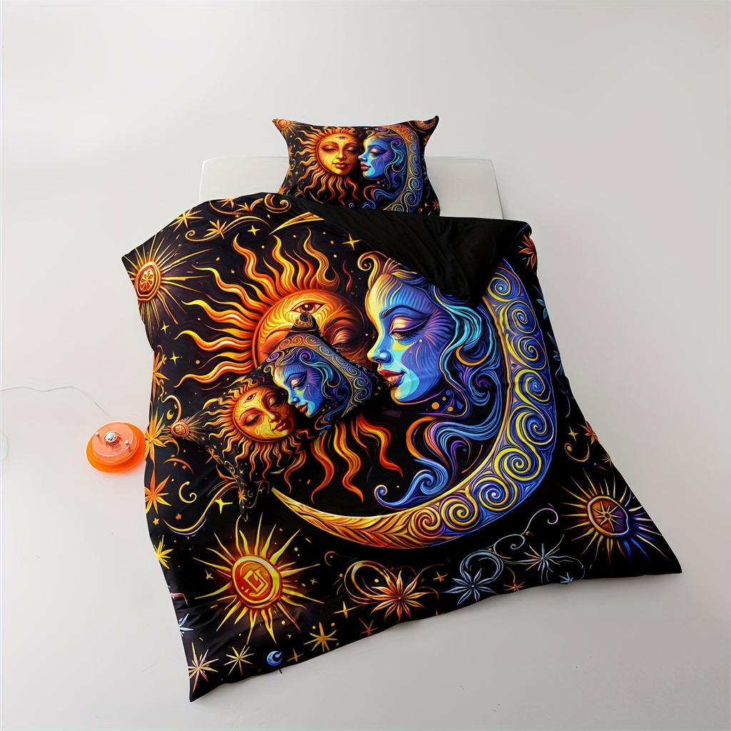 Fantasy Galaxy Duvet Cover Set - Breathable Polyester Bedding Sets With Zipper Closure, Sun And Moon Mandala Pattern, All-Season