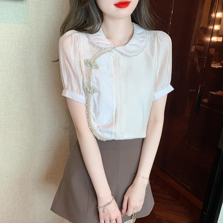 Letní čínská halenka z šifonu s krátkým rukávem Dámský letní top Módní a stylová halenka