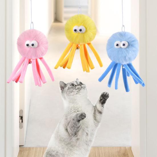 Hanging Fluffy Octopus Cat Toy Interactive Self Play Cat Teaser with Bell Soft Plush Octopus Toy with Elastic String for Indoor Kitten Chasing Playing