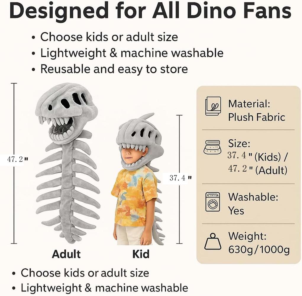 Cappello Scheletro Dinosauro Divertente Morbido Scheletro Dinosauro Cosplay Props Costume Scheletro Dinosauro Per Bambini e Adulti Regali di Compleanno