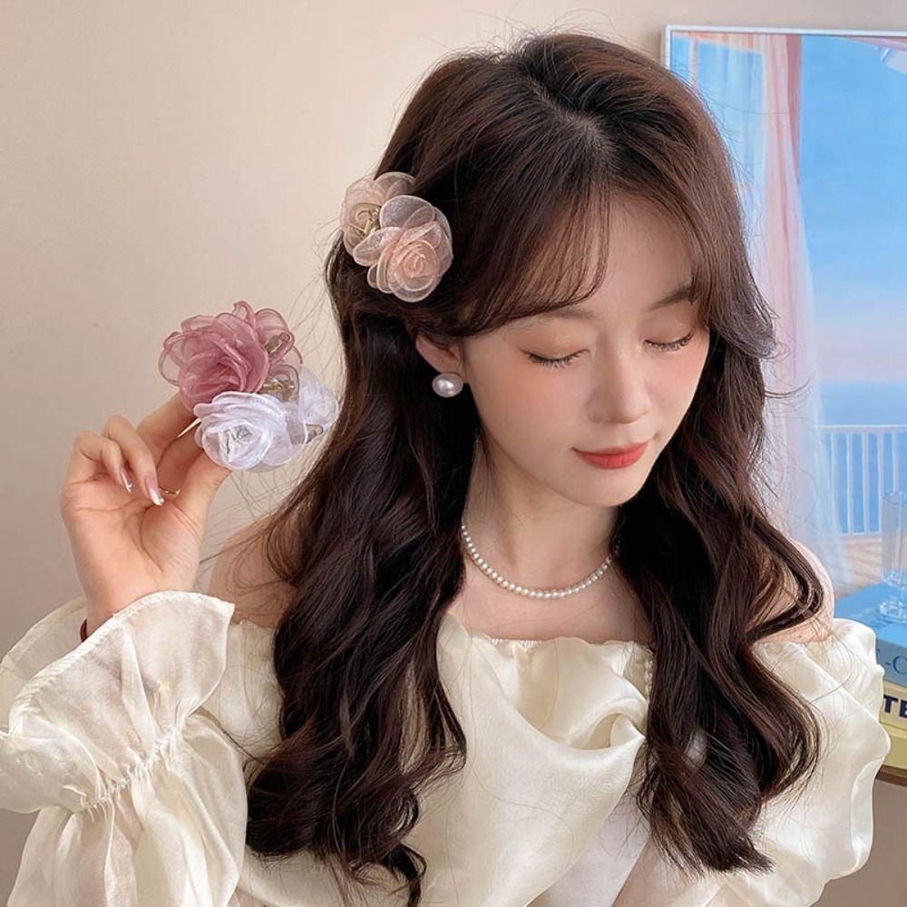 French Style Camellia Shark Clip Mesh Flower Claw Clip Simple Simulation Flower Hair Claw  Girl