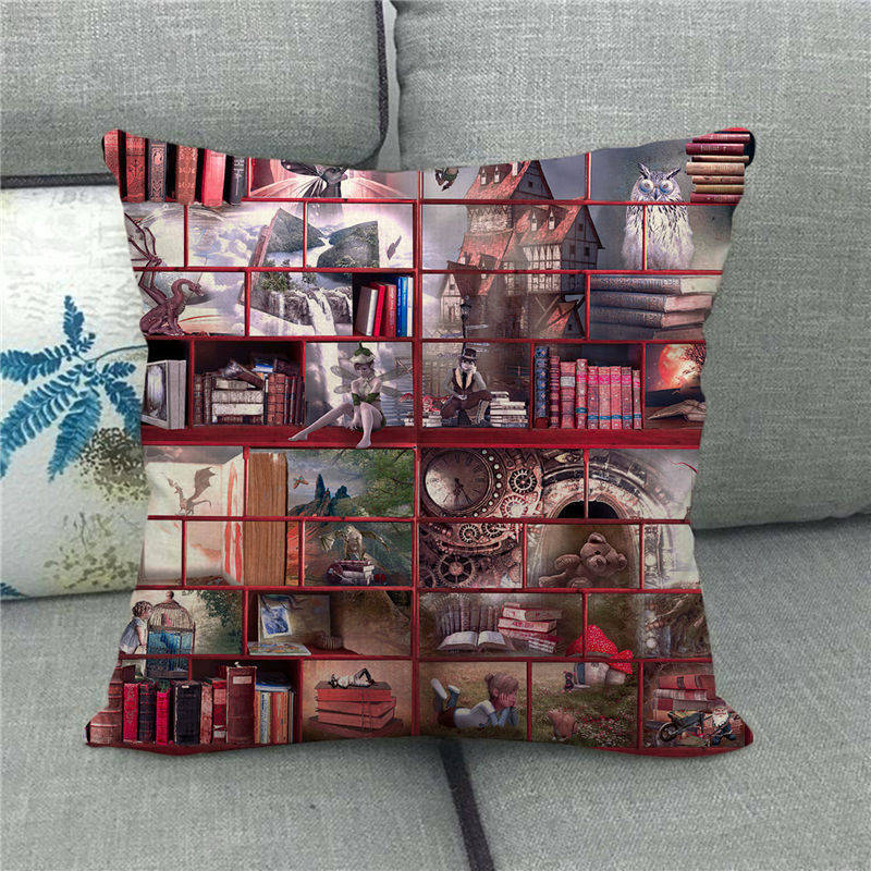 Watercolor Library Oil Painting Digital Printing Short Plush Pillow Covers For Car Sofa Office Cushion Cover Home Goods 60X60Cm
