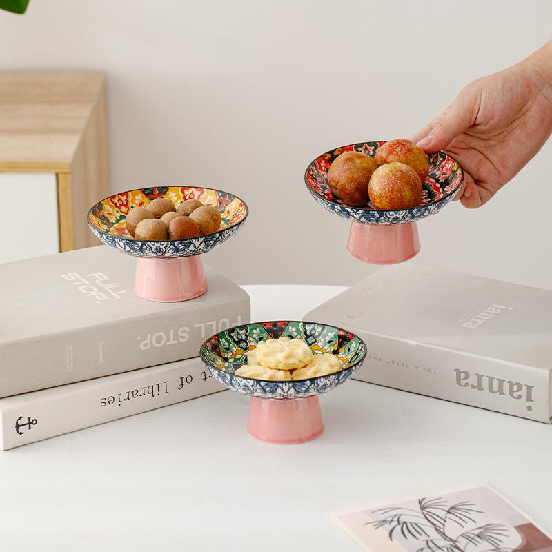 Retro Chinese Refreshments Tray Kitchen Organizers Tall Fruit Tray Chinese Snacks Dried Fruit Bowl Ceramic Decorative Tray Gift