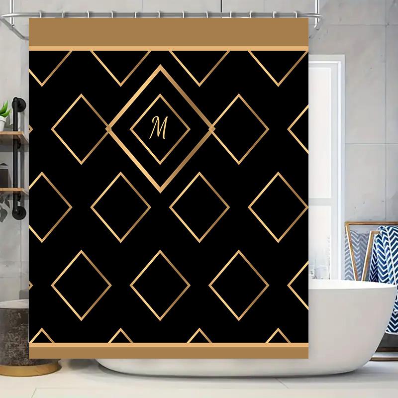 

Luxury Black Gold Bathroom Shower Curtain With Diamond Pattern Home Decor Initial Custom Size Available For Purchas W60H190(CM)-1 Pcs