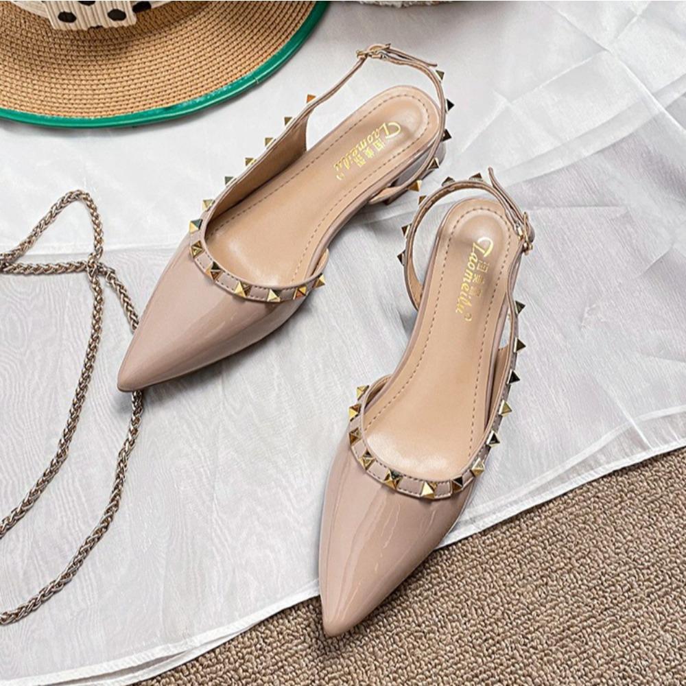 Baotou Sandals Women's Summer New Low-heeled Willow Nails Temperament Pointed Nude Word with French Large-size Single Shoes