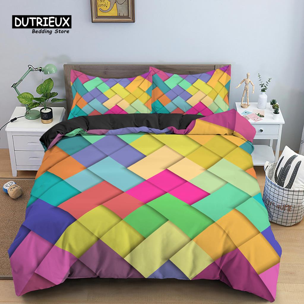 Psychedelic 3D Geometric Duvet Cover Modern Retro Neon Bedding Set Microfiber Colorful Abstract Quilt Cover Full For Kids Teen