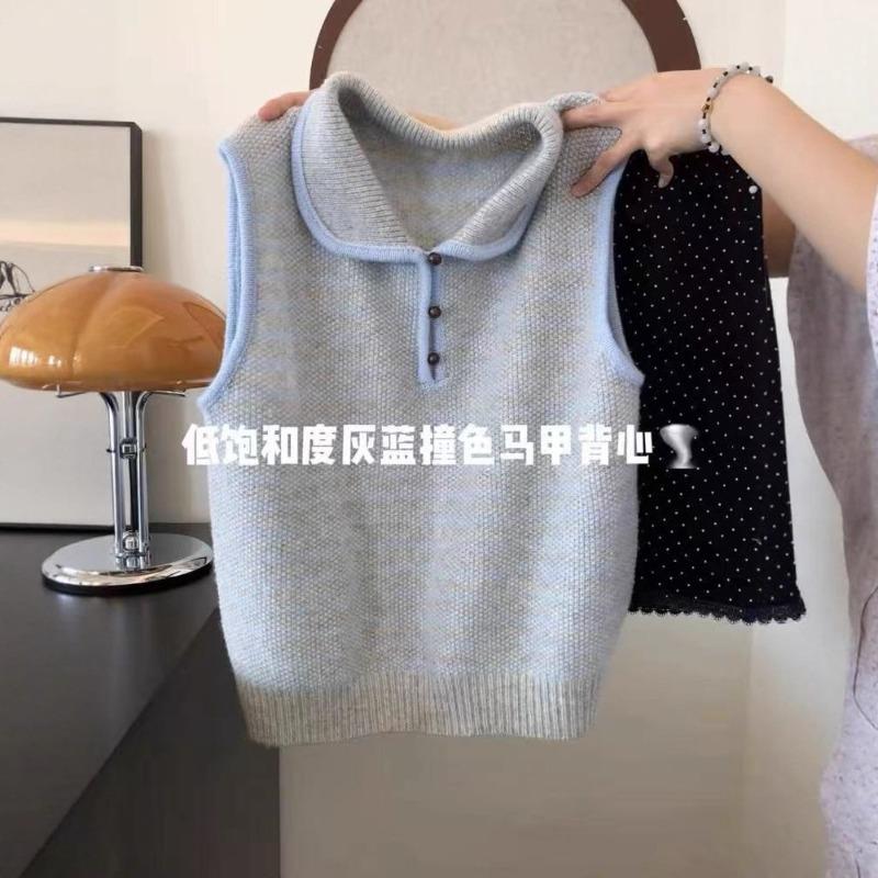 Wool striped polo collar vest knitted sleeveless vest women's autumn new overlay top