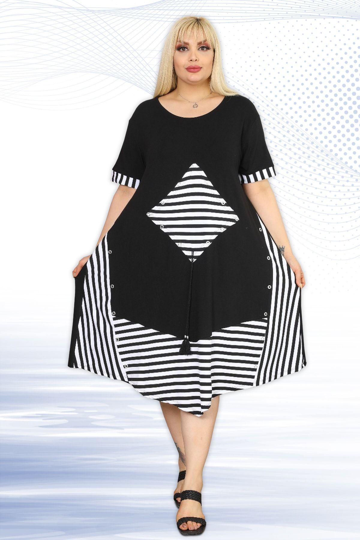 

Women s Big Size Dress Casual Cut Viscose Lycra Dress with Asymmetric Lines and Tassel Detail 2XL/3XL