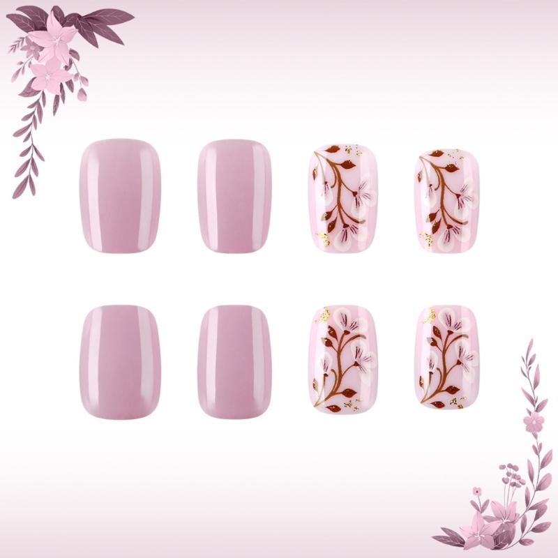 24 Pcs Short Square Press On Nail Purple Acrylic False Nail Glittering Artificial Nail Flowers Stick on Nail for Party