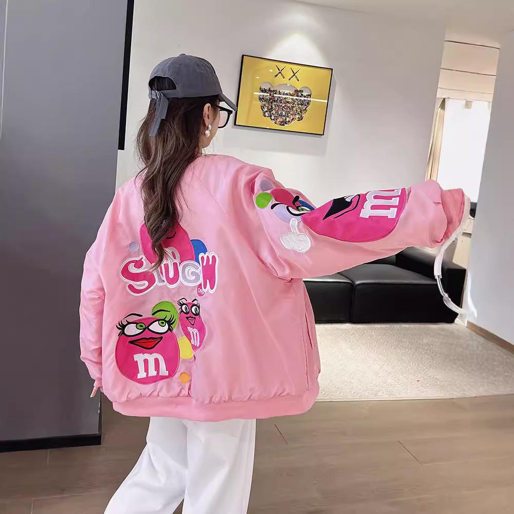 Unisex Cartoon Embroidered Baseball Jacket - Trendy Hip-Hop Style for Spring and Autumn