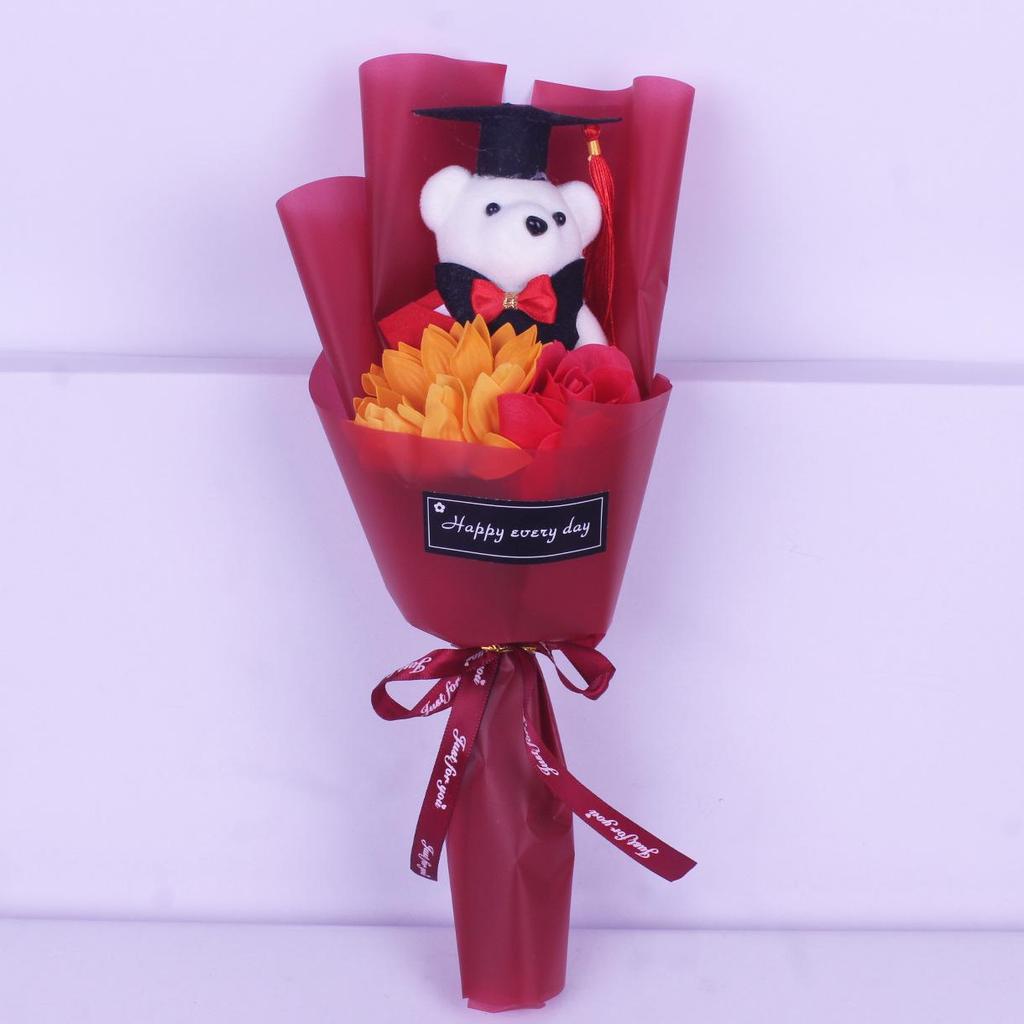 Graduation Bear Bouquet with Sunflower, Rose, and Doctor's Hat - Perfect Gift for Bachelor's or Master's Grad