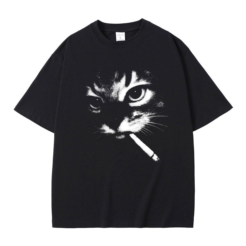 Summer New Funny Meme Smoking Cat Face Graphic T-shirt Men Women Casual Cotton Vintage T Shirts Men's T-shirts Cats Lovers Gifts