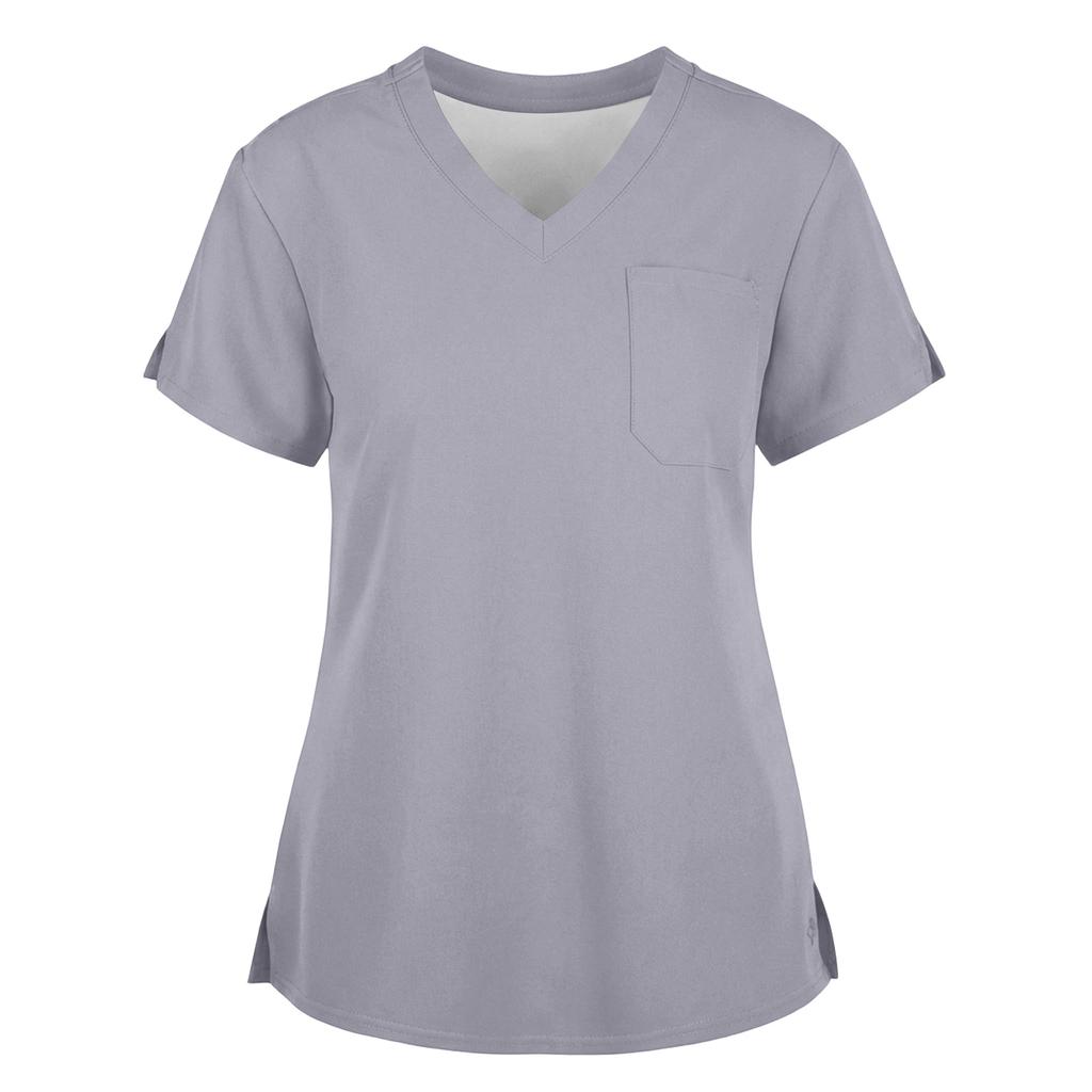 Women's Fashionable Loose-Fit Short-Sleeve V-Neck Workwear Blouse With Slit And Pockets