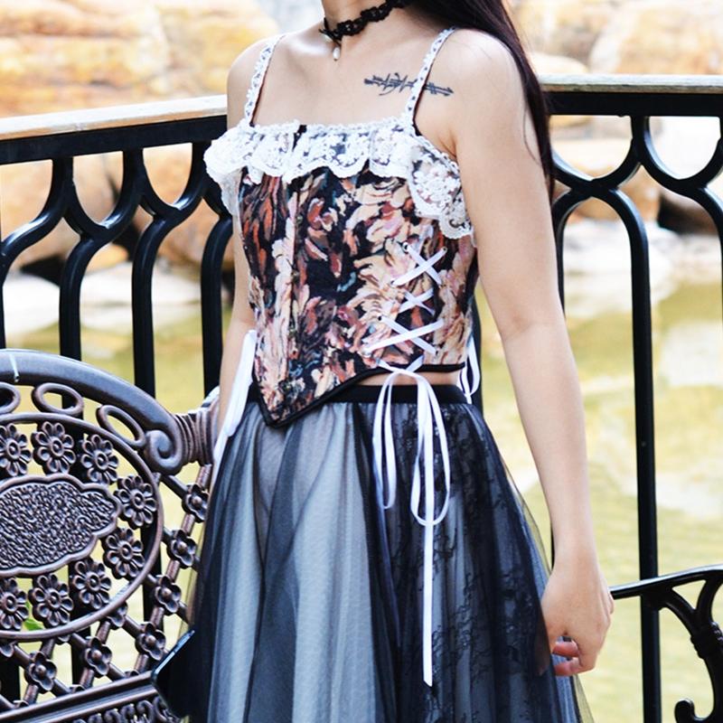 Tops Corsé Para Mujer Para Salir Bustier Floral Con Cordones para Camisetas Sin Mangas Crop Top Corsé Moldeador de Cintura Con Tirantes
