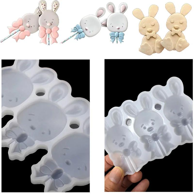 Easter Bunny Design Lollipop Silicone Mold Cute Bow Rabbit Chocolate Candy Mould Cake Decorating Tools for Easter Cupcake Cookie