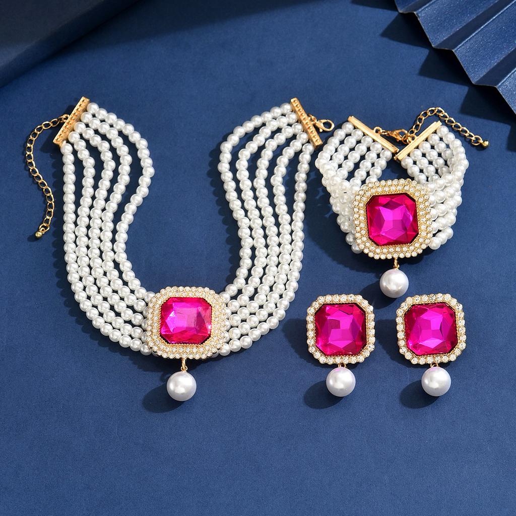 Retro Color Full Diamond Bracelet Three-piece Set, European and American Light Luxury High-end Imitation Pearl Necklace Jewelry Women