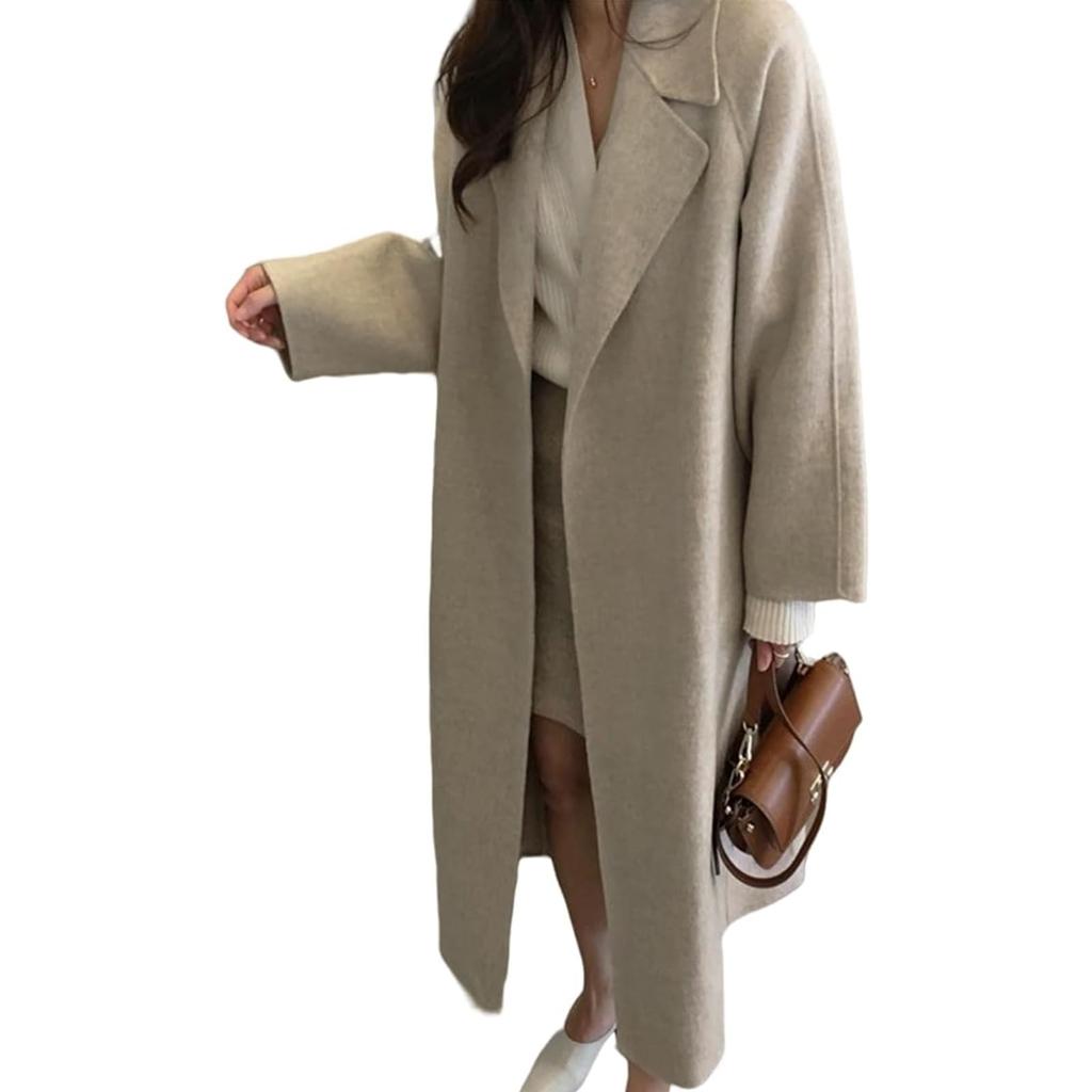 HuuMeNEIDOO Chesterfield Long Belted Trench Solid Perfect for and Winter Women's Coat, Turn-Down Collar, Sleeves, Lined, Thick, Cold-Resistant,