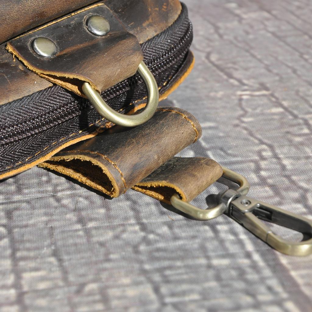 Men Top Layer Crazy Horse Leather Small Waist Bag With Hook 6 Inch Outdoor Phone Storage Pouch belt bag
