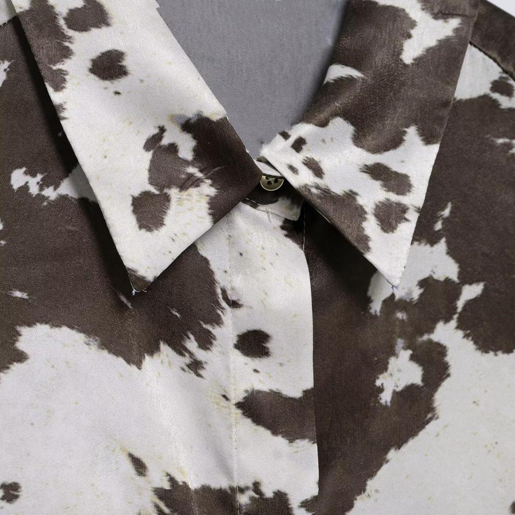 2025 Spring Women's Animal Print Silk Satin Shirt and Midi Skirt Set