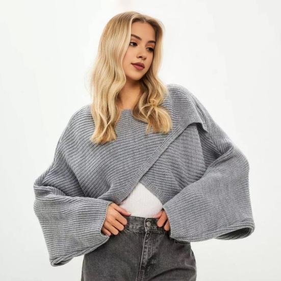 Women Sweater O-Neck Batwing Long Sleeve Solid Color Loose Fit Knitting Tops