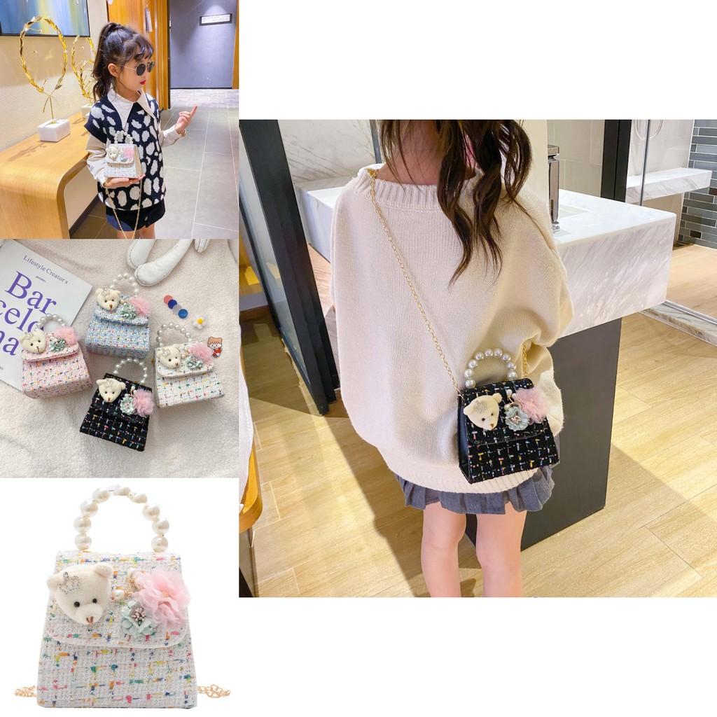 Adorable Mini Princess Chain Bag For Girls In Soft Leather With Cute Bear Design And Pearls