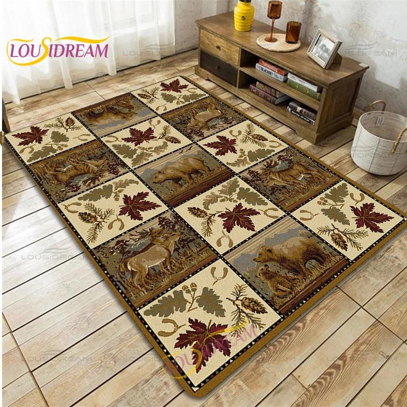 Country Style Farmhouse Lodge Bear Moose Deer Soft Rug Square Flannel Home Rug Vintage Home Living Room Floor Mats Bedroom Rug