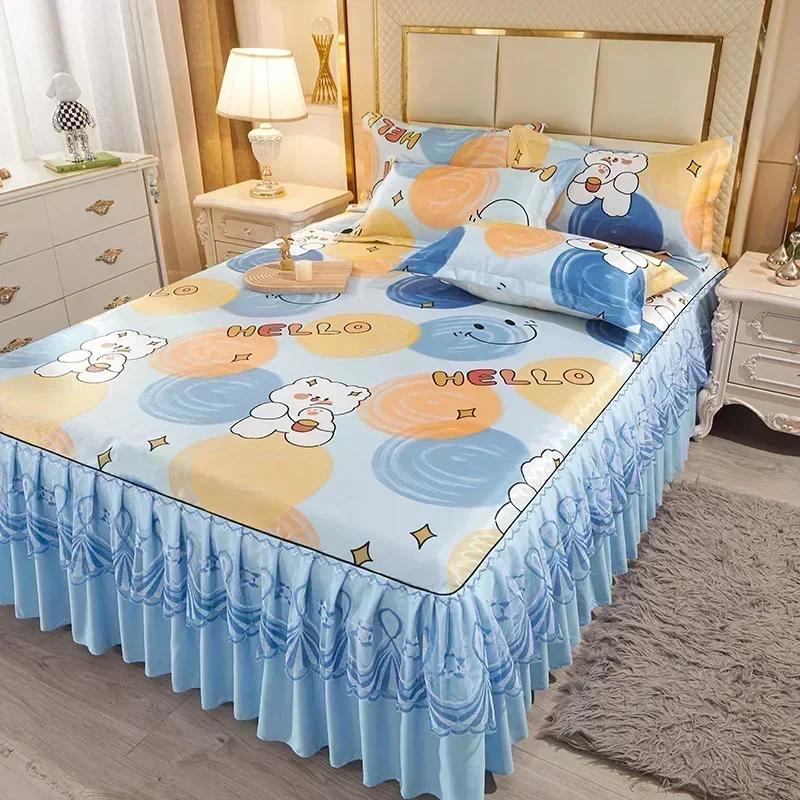 Korean Version Lace Solid Color Bed Skirt Three Piece Set, Skin Friendly Double-layer Bed Cover Non Slip Bed Cover Falda De Cama