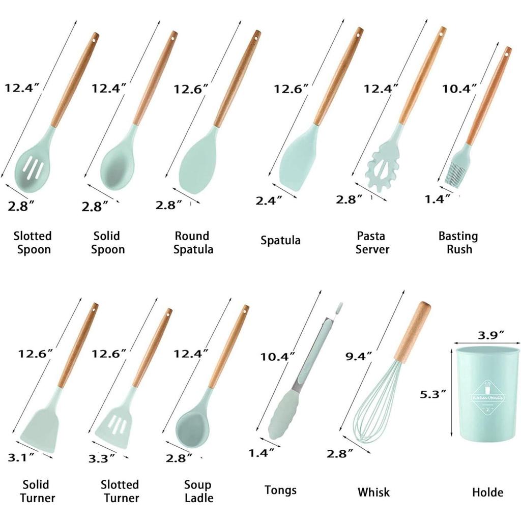 Cooking Utensils Kitchen Utensil Set, 12 PCS Wooden Handle Nontoxic BPA Free Silicone Spoon Spatula Turner Tongs Kitchen Gadgets Utensil Set
