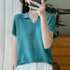 Women Knit T-shirt Summer Knitted Shirt Short Sleeve Tees Turn-down Collar Pullover Knit Tops Female