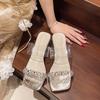 Neue silberne Kristall-Damen-High Heels, Sommer-Mode-Sandalen, dick Absatz Strass transparente Sandalen
