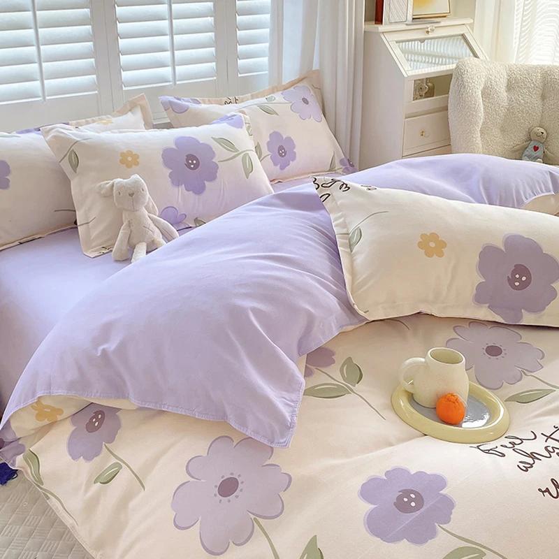 Skin-Friendly Twill Fabric Bed Sheet Four Piece Set Ab Double-Sided Color Blocking Bedding Sets Flower Printed Quilt Cover