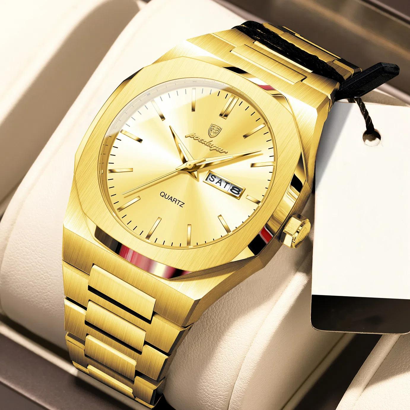 

POEDAGAR Лучшие роскошные мужские часы водонепроницаемые светящиеся календарные мужские наручные часы спортивные кварцевые мужские часы из нержавеющей стали золотой