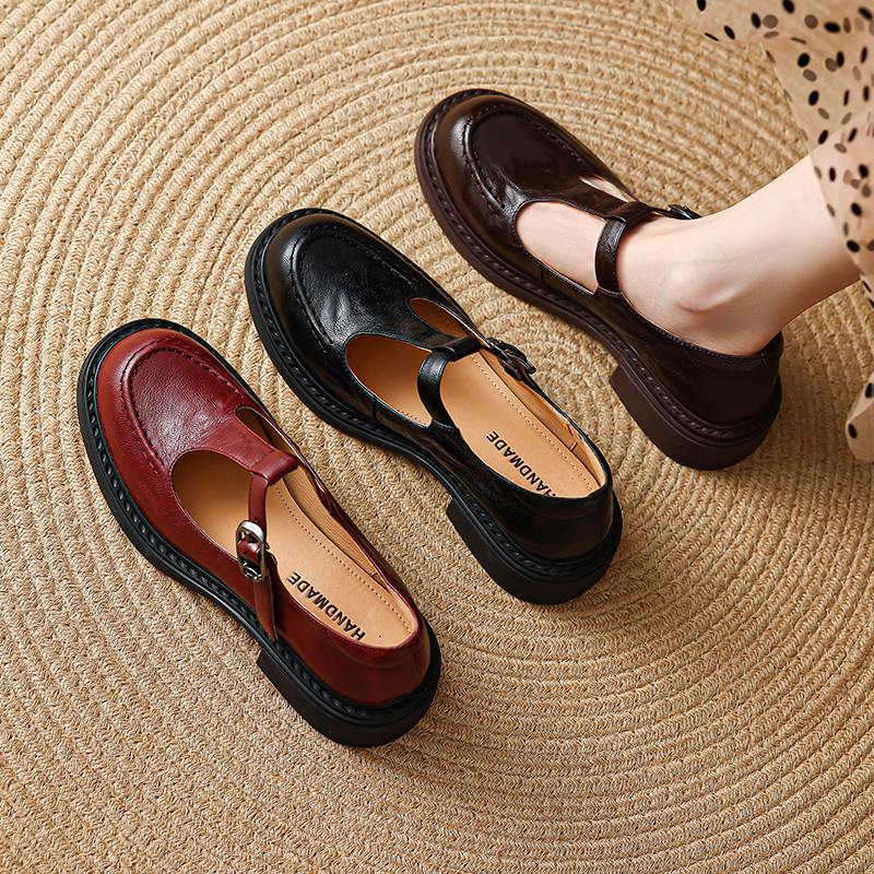 Krazing Pot Sheepskin Round Toe Size 42 Thick Med Heels Slip on Platform Gladiator Metal Buckle Autumn Pumps
