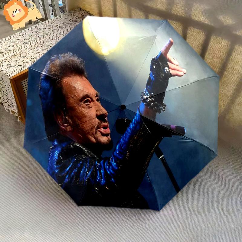 1pc Johnny Hallyday pattern Umbrella Portable Folding Umbrella Iron Frame Hole Bone Structure Outdoor Home Umbrella