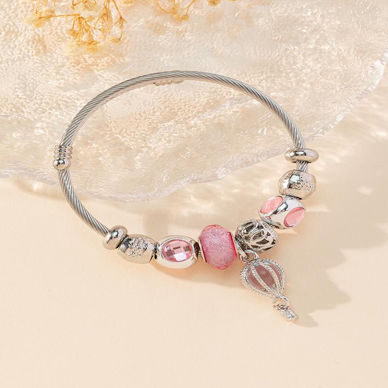 Adjustable Open Bangle Bracelet With DIY Beaded Pink Air Balloon Charm Stainless Steel