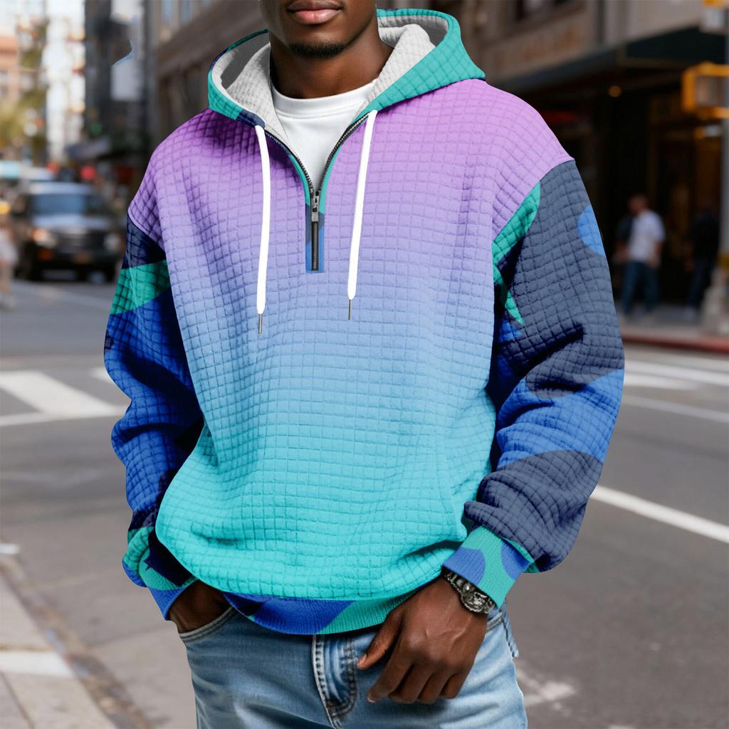 Herren Half-Zip Kapuzen-Plaid-Pullover Kordelzug Print Lässiges Sport-Sweatshirt