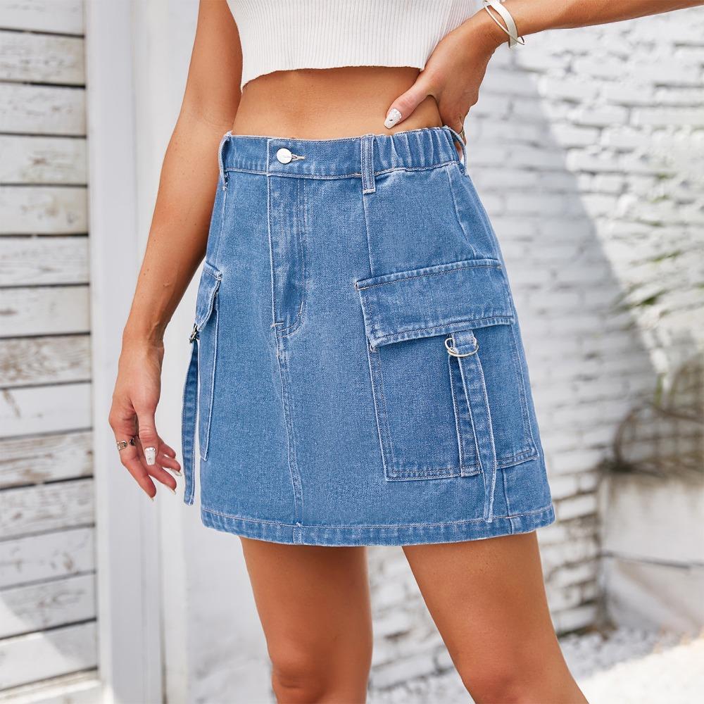 Women's Elastic Waist Straight Mini Denim Skirt Street Style Cargo Mini Skirt